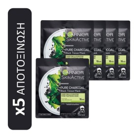 Garnier Set Value Pack Pure Charcoal Detox Tissue Masks Υφασμάτινες Μάσκες Αποτοξίνωσης Προσώπου 5τμχ