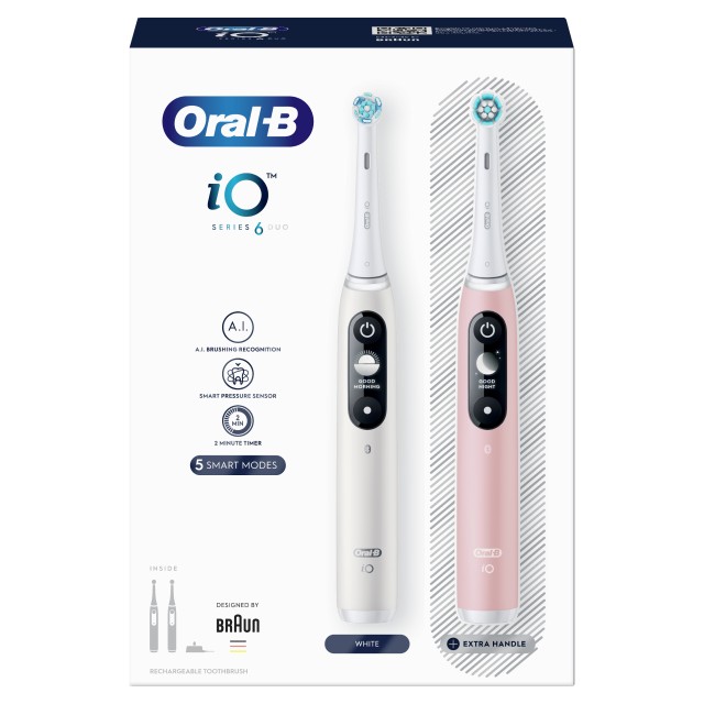 Oral-B iO Series 6 Duo Ηλεκτρική Οδοντόβουρτσα Magnetic White + Ηλεκτρική Οδοντόβουρτσα Magnetic Pink 1 set