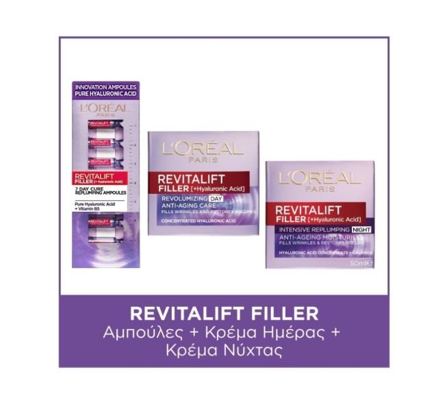 LOreal Paris Set Revitalift Filler Hyaluronic Acid Ampoules 7x1.3ml + Revitalift Filler Day Cream 50ml + Revitalift Filler Night Cream 50ml