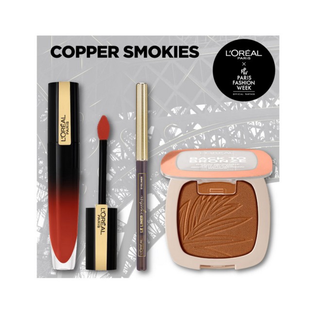 LOreal Paris Set Back to Bronze 02 Sunkiss Powder 9gr + LOreal Paris Le Liner Signature Eyeliner 05 Brown Denim + LOreal Paris Gloss Rouge Brilliant Signature 304 Be Unafraid Liquid Lip Gloss 6,7ml