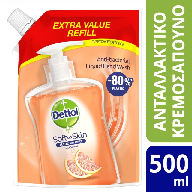 Dettol Soothe Refill Ανταλλακτικό Αντιβακτηριδιακό Υγρό Κρεμοσάπουνο Σακουλάκι Grapefruit 500ml